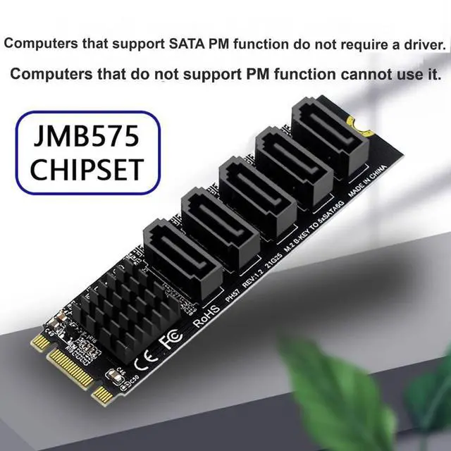 Alt view image 2 of 7 - Vszerda 5 Ports M.2 to SATA Adapter, B+M Key NGFF 1 to 5 SATA 3.0 Port Expansion Card with JMB575 Chip/LED Indicator