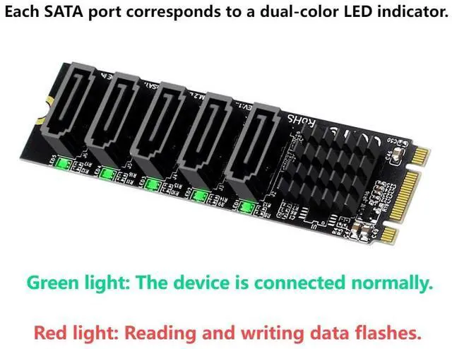 Alt view image 5 of 7 - Vszerda 5 Ports M.2 to SATA Adapter, B+M Key NGFF 1 to 5 SATA 3.0 Port Expansion Card with JMB575 Chip/LED Indicator