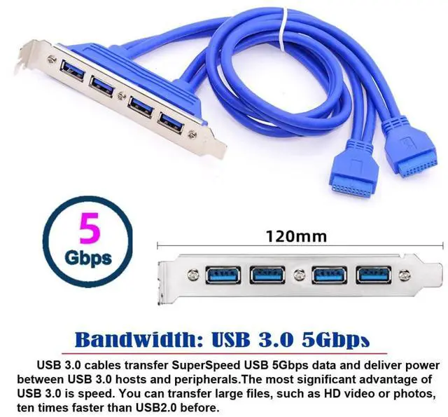 Alt view image 5 of 7 - Vszerda USB 3.0 Front Panel Header 19/20Pin 2 Male to 4 USB 3.0 Female Chassis Back Panel Port Extension Cable 0.5M with 12cm PCI-E Slot Bracket