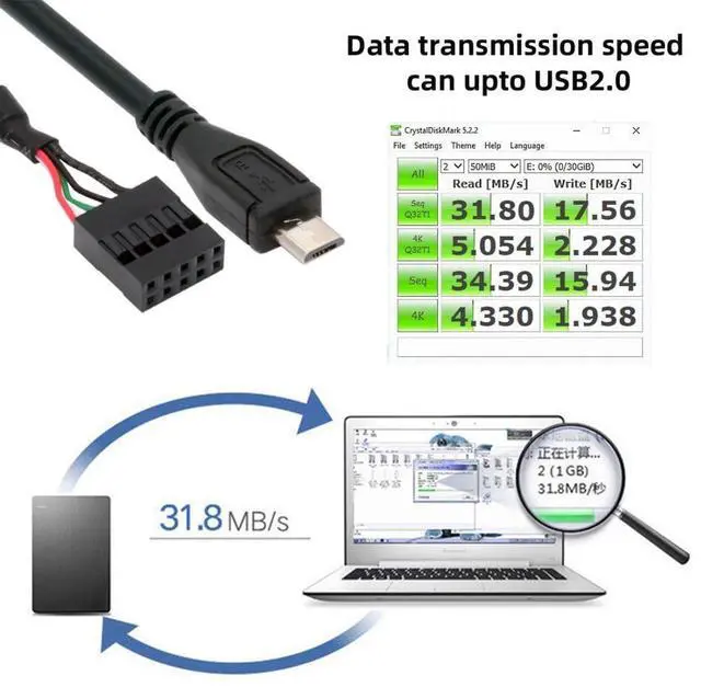 Alt view image 6 of 7 - Vszerda USB 2.0 9Pin 10Pin Motherboard Header to Micro USB 5Pin Data Cable 0.5M