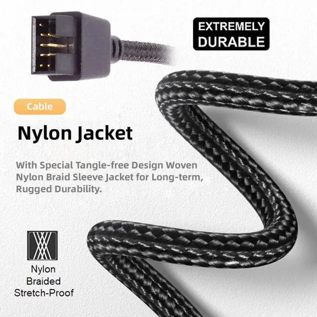 Alt view image 4 of 7 - Vszerda Motherboard 9/10Pin Male to USB 2.0 Male External Extension Nylon Braided Cable 20cm