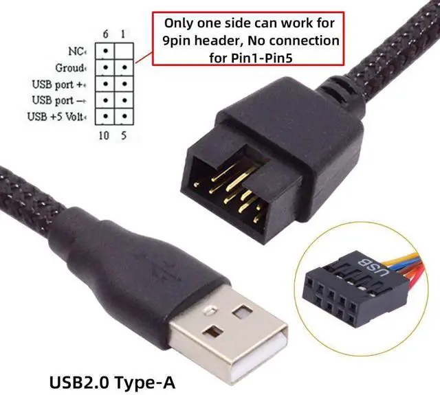 Alt view image 5 of 7 - Vszerda Motherboard 9/10Pin Male to USB 2.0 Male External Extension Nylon Braided Cable 20cm