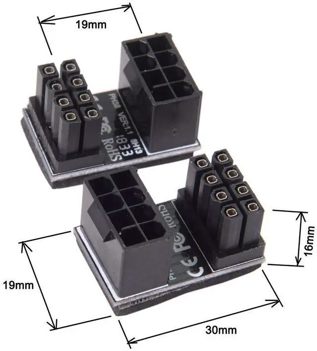 Alt view image 4 of 6 - Vszerda 2 Pack ATX 8Pin Male to Female 180 Degree Angled GPU Graphics Card Power Connector Adapter
