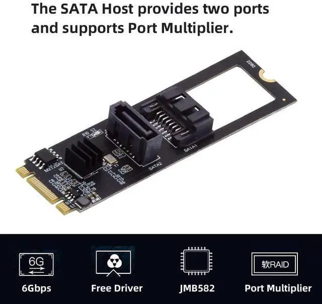 Alt view image 2 of 7 - Vszerda M.2 NGFF Key B+M 1 to 2 SATA 3.0 6Gbps Hard Drive Mainboard Header Port Extension Card Adapter JMB582 2280mm