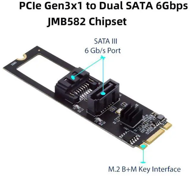 Alt view image 5 of 7 - Vszerda M.2 NGFF Key B+M 1 to 2 SATA 3.0 6Gbps Hard Drive Mainboard Header Port Extension Card Adapter JMB582 2280mm