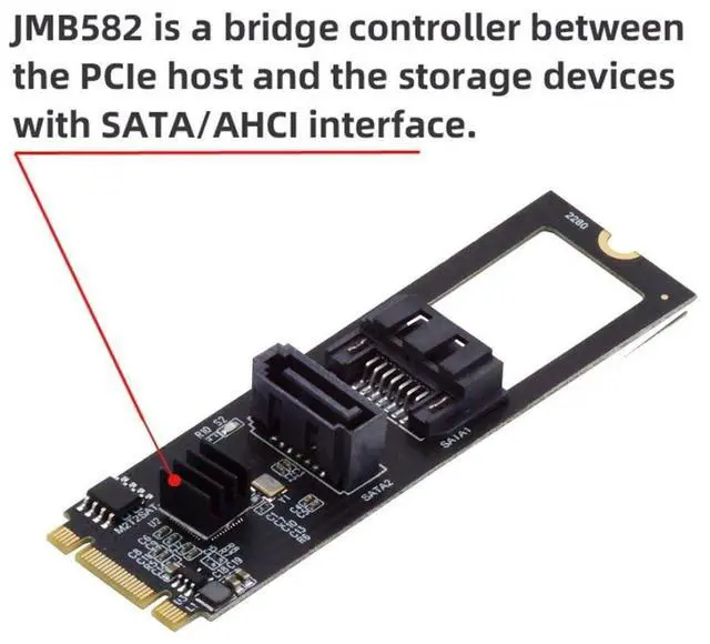 Alt view image 7 of 7 - Vszerda M.2 NGFF Key B+M 1 to 2 SATA 3.0 6Gbps Hard Drive Mainboard Header Port Extension Card Adapter JMB582 2280mm