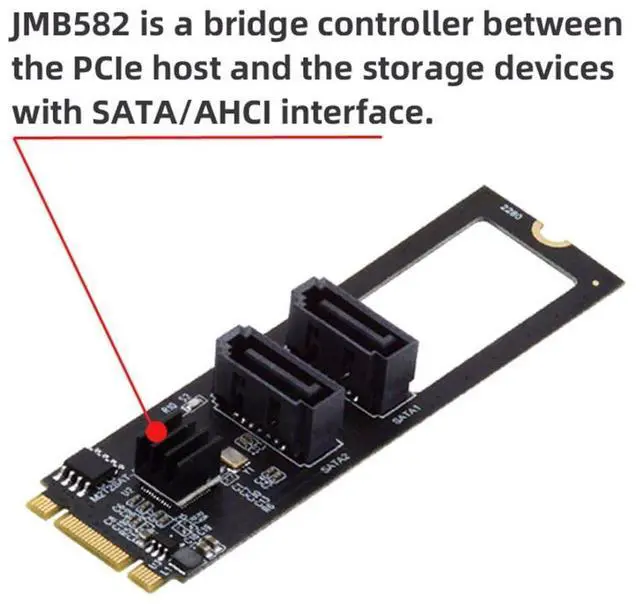 Alt view image 7 of 7 - Vszerda M.2 NGFF Key B+M 1 to 2 SATA 3.0 6Gbps Mainboard Header Port Hard Drive Extension Card Adapter JMB582 2280mm