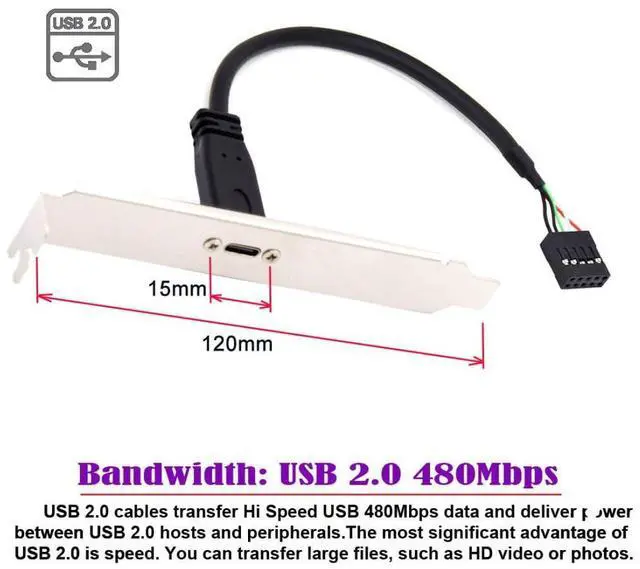Alt view image 2 of 6 - Vszerda USB 2.0 Front Panel Header 9/10Pin Male to USB C Female Chassis Back Panel Port Extension Cable 17cm with 12cm PCI-E Slot Bracket
