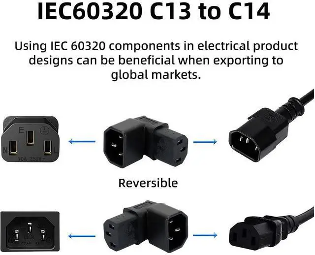 Alt view image 3 of 7 - Vszerda IEC 320 C14 Male to C13 Female 90 Degree UP Angled Power Extension Connector Adapter 10A 250V for Monitor/Computer/PDU Chassis/Printer