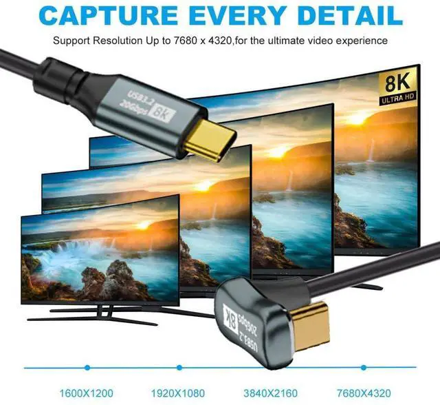Alt view image 7 of 7 - Vszerda USB C to C Coiled Cable USB 3.2 Type C 180 Degree Angled 20Gbps PD 100W 8K@60Hz Data Fast Charging Cable 6ft