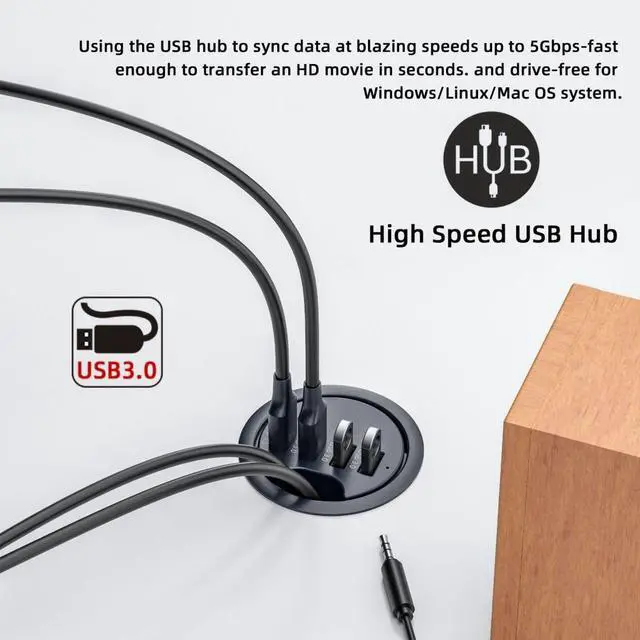Alt view image 2 of 7 - Vszerda USB 3.0 Flush Mount Desktop HUB,2 USB 3.0 Port/1 USB C Port HUB Grommet Hole 2.36"(60mm) with SD/TF Card Reader Port