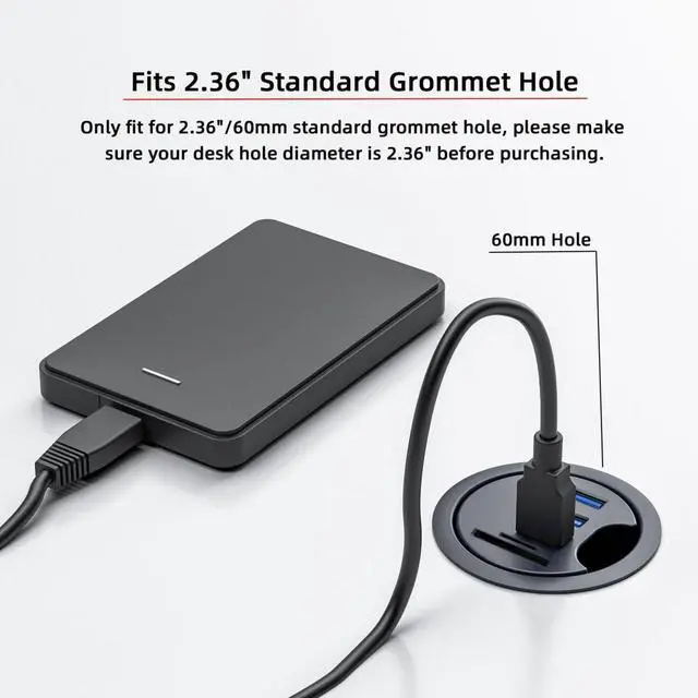 Alt view image 4 of 7 - Vszerda USB 3.0 Flush Mount Desktop HUB,2 USB 3.0 Port/1 USB C Port HUB Grommet Hole 2.36"(60mm) with SD/TF Card Reader Port