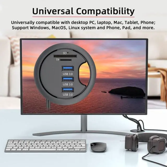 Alt view image 6 of 7 - Vszerda USB 3.0 Flush Mount Desktop HUB,3 USB 3.0 Port HUB Grommet Hole 2.36"(60mm) with SD/TF Card Reader Port