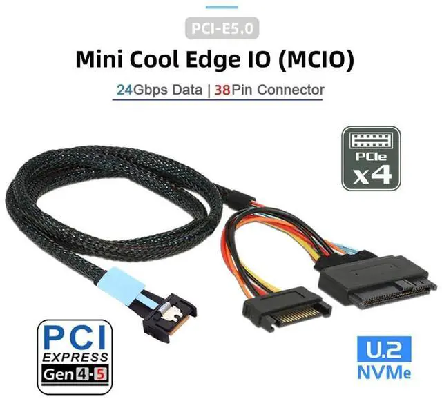 Alt view image 2 of 7 - Vszerda PCI-E 5.0 MCIO 4X 38Pin SFF-TA-1016 to U.2 SFF-8639 Cable with SATA Power 0.5M
