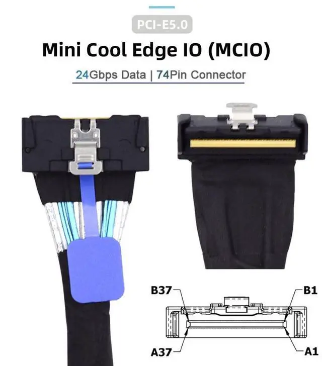 Alt view image 2 of 6 - Vszerda PCI-E 5.0 Mini Cool Edge IO MCIO 74Pin Slimline SAS 8i 74Pin 24 Gbps 90 Degree UP Angled Extension Cable 35cm