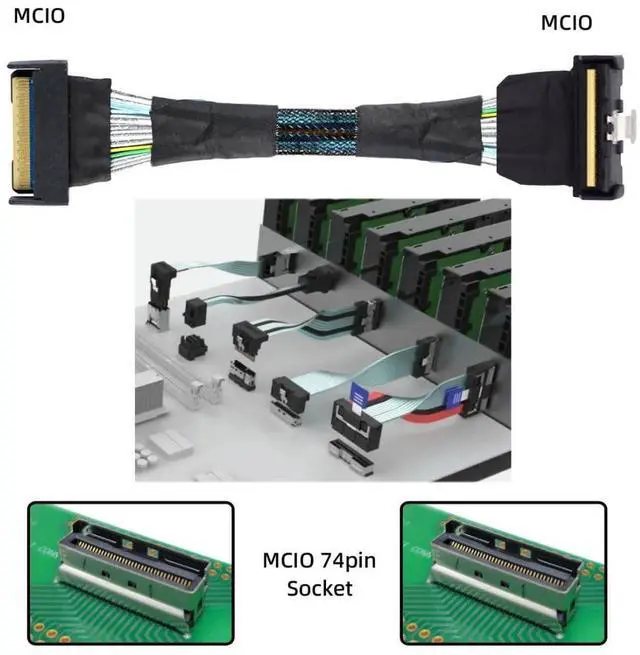 Alt view image 5 of 6 - Vszerda PCI-E 5.0 Mini Cool Edge IO MCIO 74Pin Slimline SAS 8i 74Pin 24 Gbps 90 Degree UP Angled Extension Cable 35cm