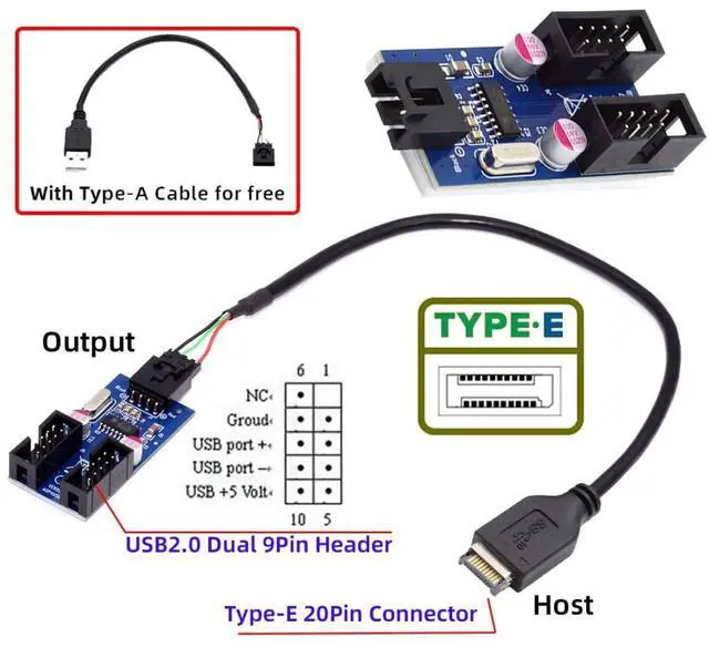Alt view image 3 of 7 - Vszerda USB 2.0/3.1 Type E Front Panel Header 1 to 2 9Pin/10Pin HUB Mainboard Header Extension Adapter Splitter Cable 0.98FT
