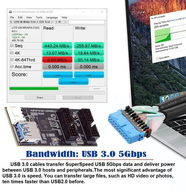 Alt view image 5 of 6 - Vszerda USB 3.0 19/20Pin 1 to 2 USB 3.0 19/20Pin HUB Port Multiplier PCBA Adapter with SATA Power Cable