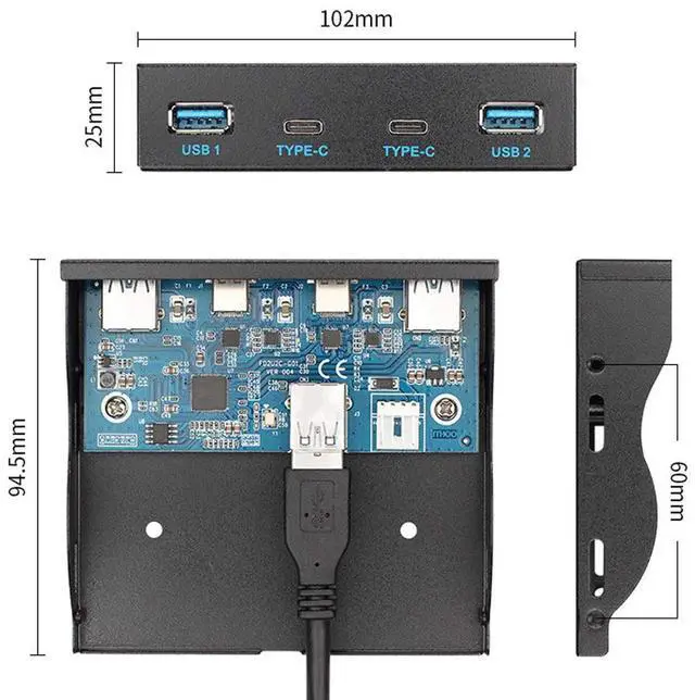 Alt view image 2 of 7 - Vszerda USB-C & USB 3.0 HUB 4 Ports Front Panel to Motherboard 20Pin Connector Cable for 3.5" Floppy Bay