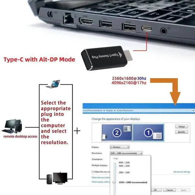 Alt view image 7 of 8 - Vszerda Virtual Display Adapter USB-C Type-C DDC EDID Dummy Plug Headless Ghost Display Emulator 1920x1080p@60Hz