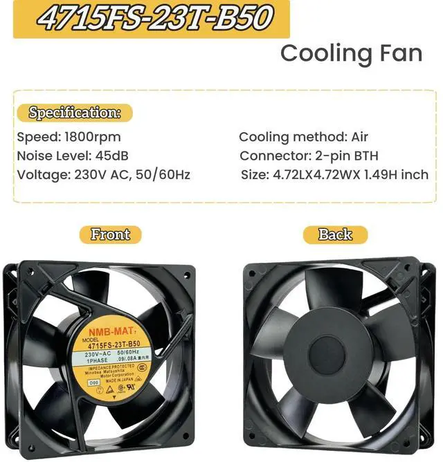 Alt view image 4 of 7 - for NMB 4715FS-23T-B50 AXIAL Fan, 230VAC 0.09/0.08A 50/60Hz 12CM Cooling Fan, 120x120x38mm 12038 Cooling Fan