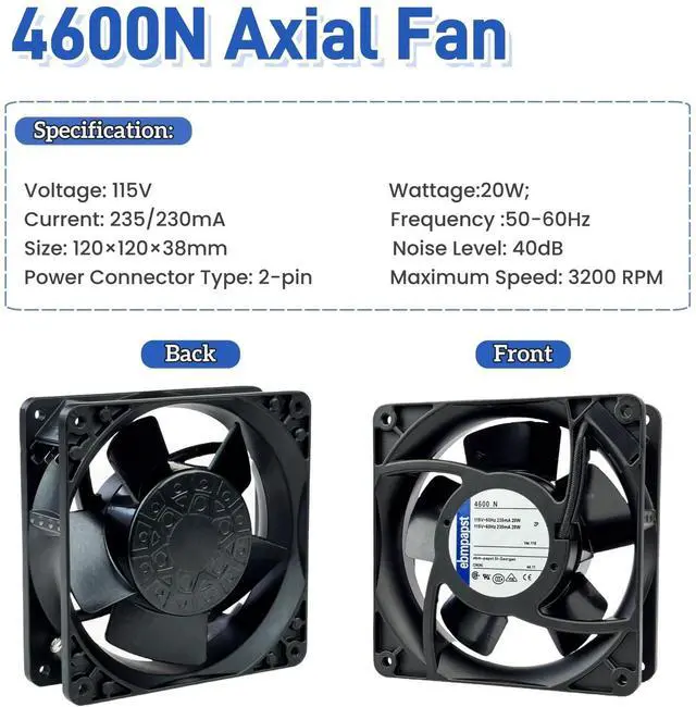 Alt view image 3 of 7 - for ebmpapst 4600N Axial Fan115V 12038 Industrial Cooling Fan All-Metal Heat-Resistant Cooling Fan 4600N, 2-Pin 20W