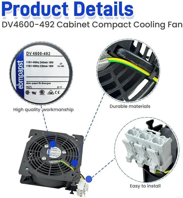 Alt view image 4 of 7 - DV4600-492 Cabinet Compact Cooling Fan 115V 18/19W 220/240mA 12CM 120×120×38mm 3100RPM 2-Wire Axial Flow Fan for Rittal Cabinet