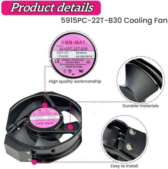 Alt view image 2 of 7 - for 5915PC-22T-B30 220V Cooling Fan, 40W/38W 50/60Hz 172X150X38mm Inverter Cooling Fan Enclosure Power Fan 5915PC-22T-B30