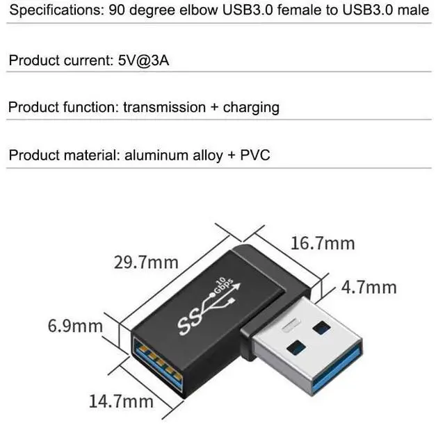 Alt view image 5 of 5 - Vszerda 90 Degree Right Angle USB 3.0 Male to Female Expansion Adapter for Connecting Mobile Hard Disk, U Disk, Wireless Network Card, Camera, Mouse, Keyboard, etc. - Black 2pack