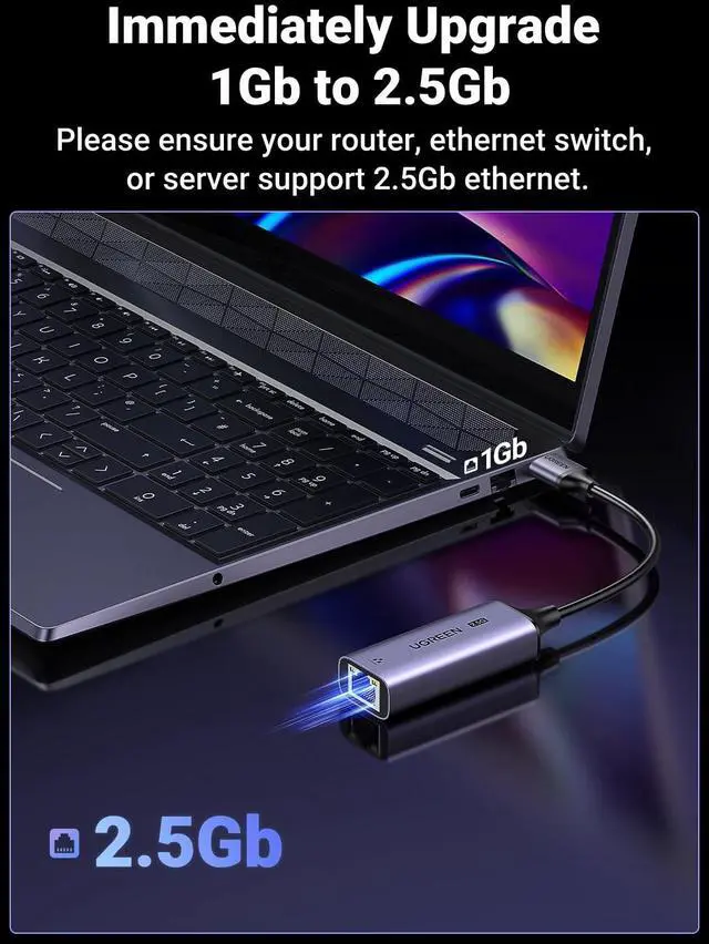 Alt view image 4 of 7 - UGREEN USB to Ethernet Adapter 2.5Gb, Ethernet Adapter, Aluminum, USB 3.0 to RJ45 Computer Network Internet LAN Dongle for Laptop, Compatible for MacBook Air/Pro, XPS, Windows, macOS