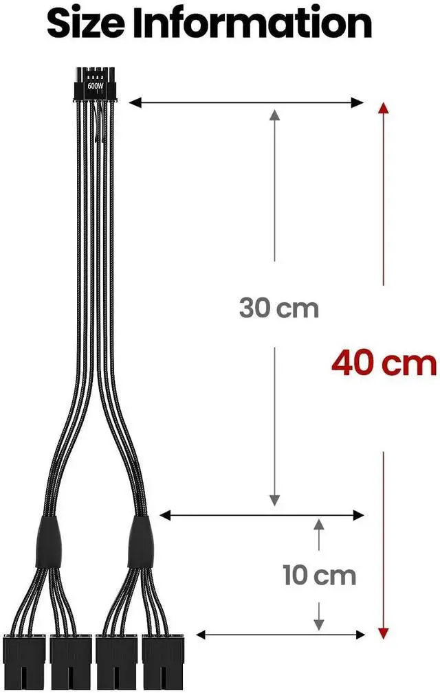 Alt view image 7 of 7 - Vszerda 16pin GPU Cable to 4X 8 Pin Pcie Extension - PCI-e 5.0 12VHPWR Extender Cord 40cm Sleeved 12V-2x6 Cable for GeForce RTX 5090 5080 5070 5070Ti 4090 4080 4070ti 3090Ti (16AWG/Black)