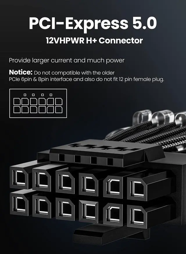 Alt view image 3 of 7 - Vszerda PCIe 5.1 16Pin GPU Power Cable - 70cm 12V-2x6 PSU Sleeved Cable 600W Male to Male 12VHPWR for Geforce RTX 5090 5080 5070ti 3090Ti 4070 Ti 4080 4090 5070 to ATX 3.1 Modular PSU (Black)