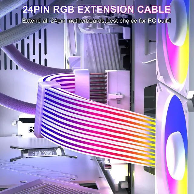 Alt view image 6 of 7 - Vszerda 24 Pin RGB PSU Cables,ARGB PC Cable for Motherboard Power Supply Extension - 5V 3Pin Addressable Four Sides Lighting RGB Strips Decor Computer Case White