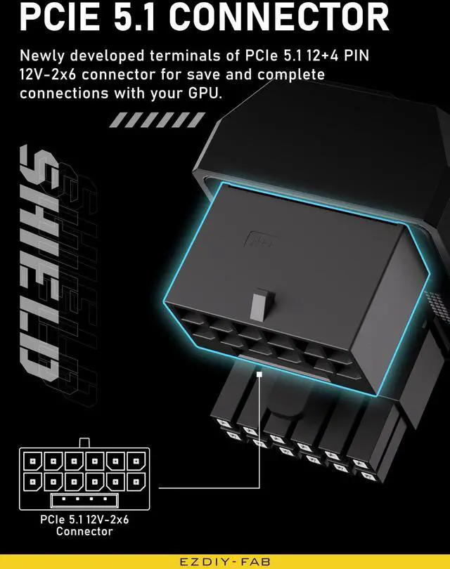 Alt view image 5 of 7 - PCIe 5.0 Adapter - 600W 12+4pin, 16pin 12VHPWR GPU Power Connector, 12V-2x6 GPU Adapter,180 Degree Right Angle - Compatible with RTX 3090Ti, 4070Ti, 4080, 4090 GPU - STD Type, Black, 1 Pack