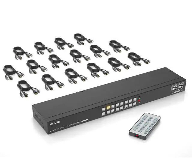 Main image of MT-VIKI 4K 16 Port KVM Switch HDMI, 4K@30Hz Rack Mount KVM Console w/16 Cables + 4 USB 2.0 Devices + IR Remote, Support EDID Storage, HDMI 1.4, HDCP 1.4 for 16 Computers/Servers, Fit 1U 19'' Rack