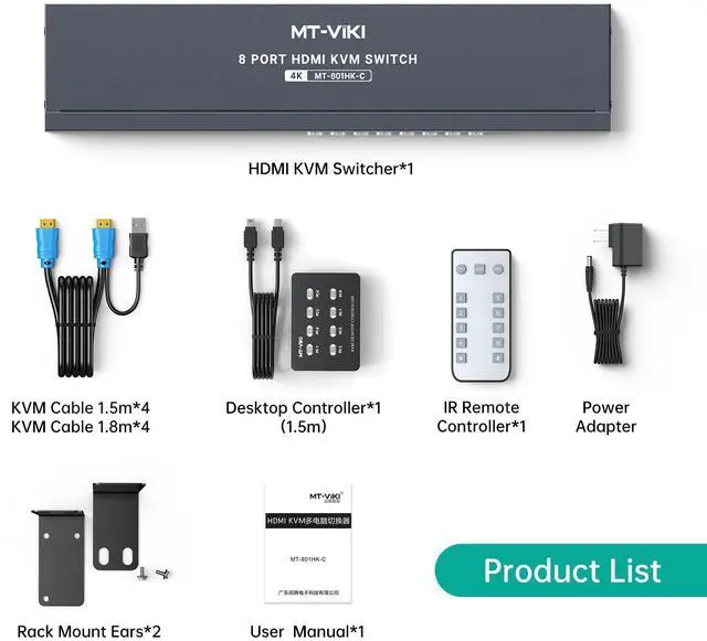 Alt view image 7 of 7 - MT-VIKI 8 Port KVM Switch HDMI, 4K@30Hz 1U Rack Mount KVM Switch w/IR Remote & Wire-Desktop Controller & 8 HDMI KVM Cables & Rack Ears & Power Adapter