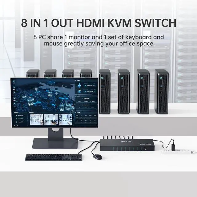 Alt view image 2 of 7 - MT-Viki 4K@60Hz 8 Port KVM Switch HDMI w/3.5mm Audio, 1U Rack Mount KVM HDMI Switcher, Support Button/Hotkey/IR Remote Switch, 8 Pack Cables & Rack Ears Included