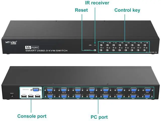 Alt view image 3 of 7 - MT-VIKI 16 Port KVM Switch, 16X1 Rackmount KVM Switch VGA, Included 16 KVM Cables & IR Remote, Fit 1U 19'' Rack