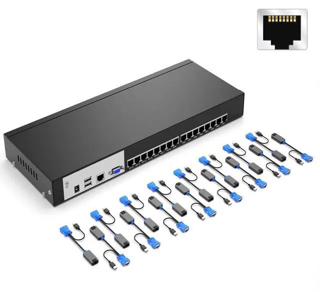 Main image of MT-VIKI CAT6 Rack Mount KVM, 16 Port VGA KVM Console Over CAT6 Cable, Included 16 USB VGA to Cat6 Dongles