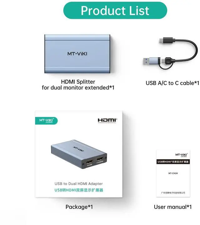 Alt view image 7 of 7 - MT-VIKI HDMI Splitter Extended Display for Dual Monitors/Multi-Monitor, 4K@30Hz & 1080P@60Hz, USB 3.0 & USB C Adapter to HDMI for Windows & Mac, Required Driver Installation