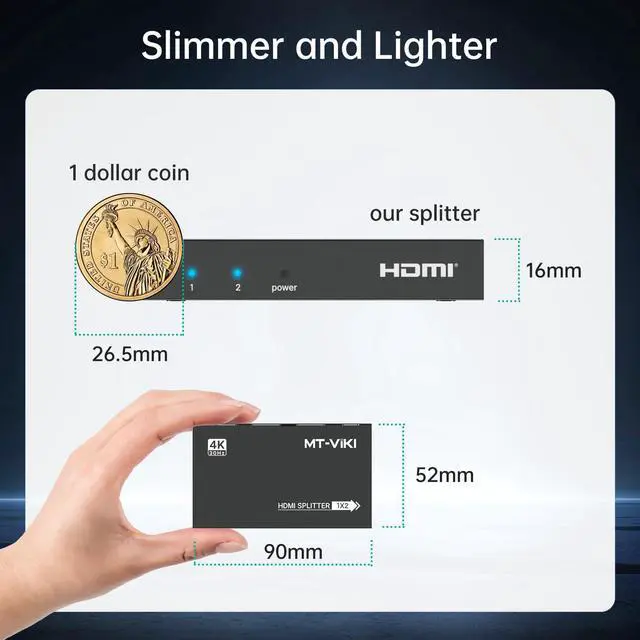 Alt view image 7 of 7 - MT-VIKI Upgraded 4K HDMI Splitter 1 in 2 Out, 1x2 Slim Powered HDMI Splitter for Dual Monitors, 4K@30Hz, Duplicate/Mirror for PS4 Fire Stick HDTV