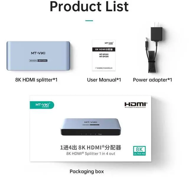 Alt view image 7 of 7 - MT-VIKI 2.0 HDMI Splitter, 4K@60Hz HDMI Duplicator/Distributor HDR Support EDID HDCP 2.2 RGB 4:4:4 18Gbps-Adapter Included (8K 1 in 4 Out)