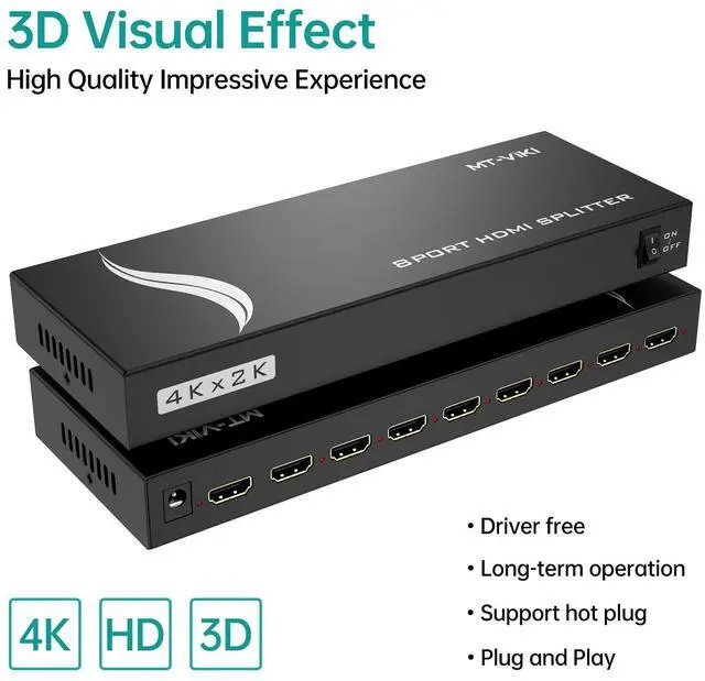 Alt view image 4 of 7 - MT-VIKI 4K 1x8 HDMI Splitter 1 in 8 Out, 8 Port Powered HDMI Splitter Multi Monitor Outputs 3D 4Kx2K@30Hz for Projector, HDTV