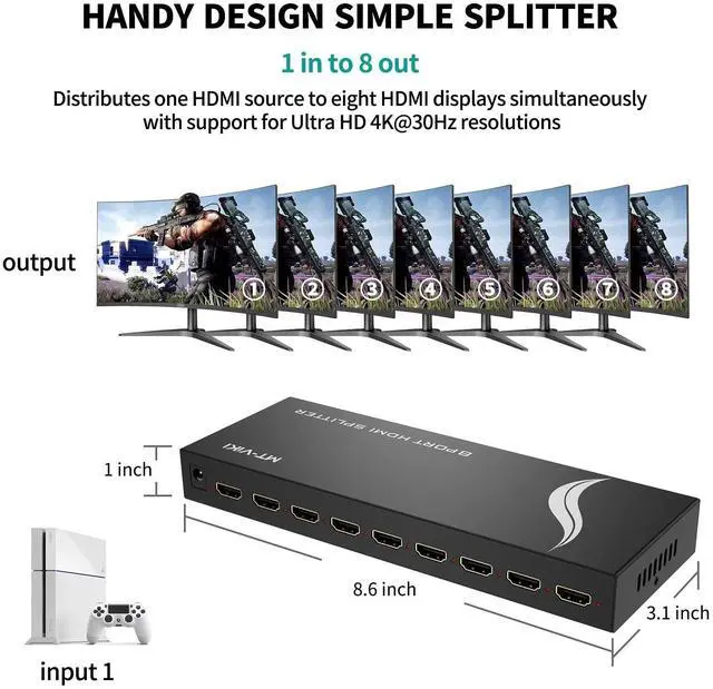 Alt view image 6 of 7 - MT-VIKI 4K 1x8 HDMI Splitter 1 in 8 Out, 8 Port Powered HDMI Splitter Multi Monitor Outputs 3D 4Kx2K@30Hz for Projector, HDTV