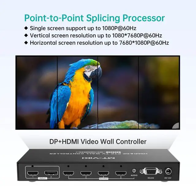 Alt view image 3 of 7 - MT-VIKI 4K@60Hz HDMI+DP Video Wall Controller 2X2, Support 90°/ 180° /270° Rotate, Support Resolution UP to 4K@60Hz for 2X2 Mode, 8K@60Hz for 1X4 Mode (2 Input 4 Output)