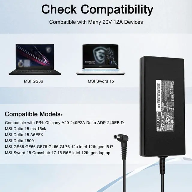 Alt view image 2 of 7 - 240W 20V 12A Laptop Charger for Delta 15 15 A5EFK 15001 GS66 GF66 GF76 GL66 GL76 12U Sword 15 Crosshair 17 15 R6E Intel 12th gen Laptop