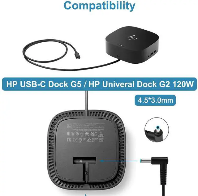Alt view image 3 of 7 - 120W 6.15A Charger 710415-001 L41856-001 for HP USB-C Dock G5 5TW10UT 5TW10AA 5TW10AA#ABB 5TW10UT#ABA USB-C/A Universal Dock G2 5TW13AA HP Omen 15-5000 15-5100 15-5200 Laptop Charger