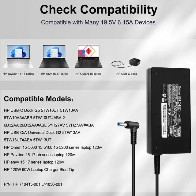 Alt view image 5 of 7 - 120W 6.15A Charger 710415-001 L41856-001 for HP USB-C Dock G5 5TW10UT 5TW10AA 5TW10AA#ABB 5TW10UT#ABA USB-C/A Universal Dock G2 5TW13AA HP Omen 15-5000 15-5100 15-5200 Laptop Charger