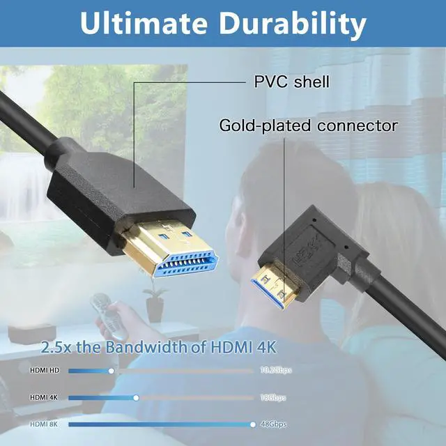 Alt view image 4 of 6 - Vszerda Coiled HDMI Cable Right Angled 8K 48Gbps HDMI 2.1 Mini HDMI to HDMI Male Telescopic Cable High Speed (Right Angle)