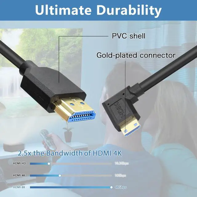 Alt view image 4 of 6 - Vszerda Coiled HDMI Cable Right Angled 8K 48Gbps HDMI 2.1 Mini HDMI to HDMI Male Telescopic Cable High Speed (Left Angle)
